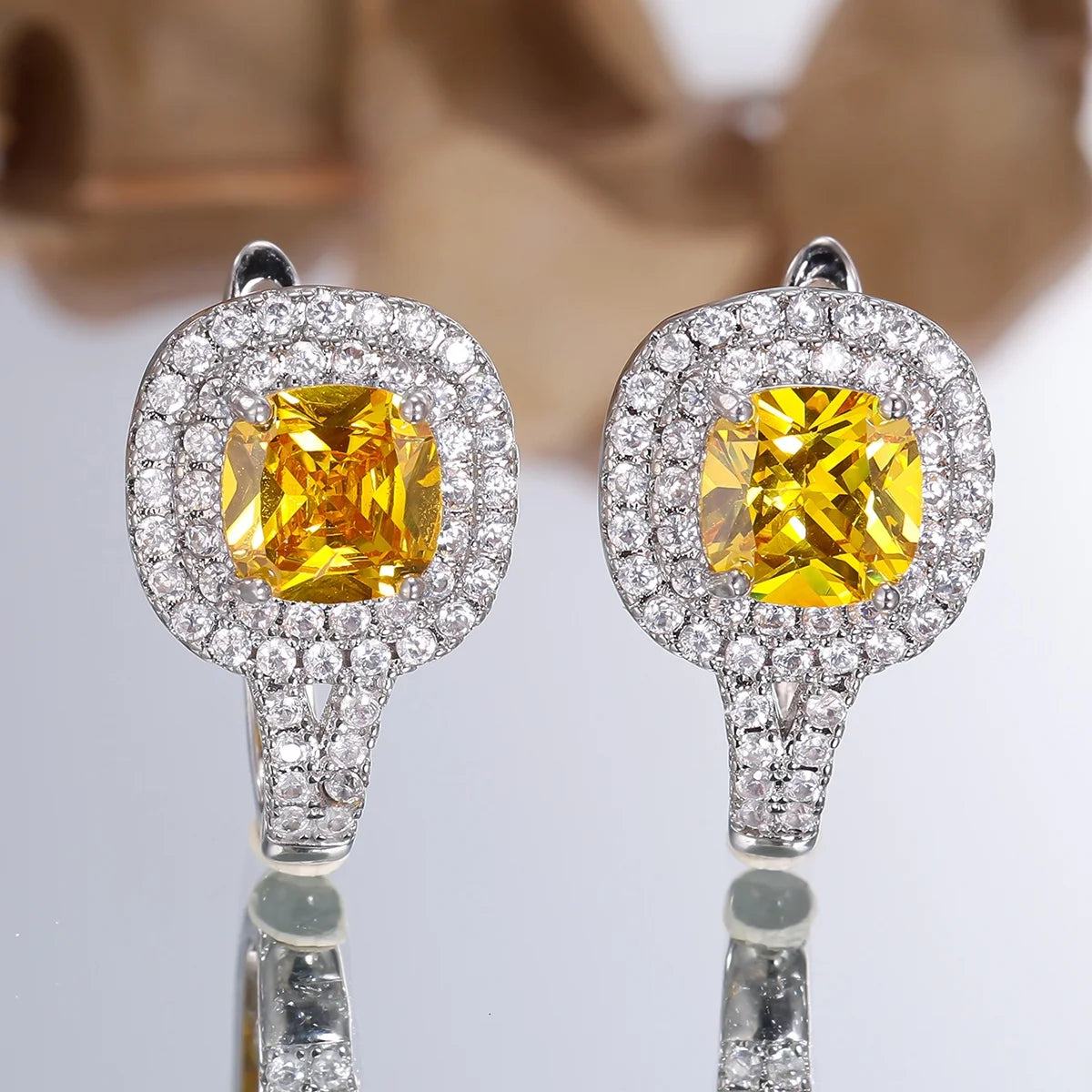 Small Square Charm Yellow Zircon Stone New Trendy Hoop Earrings Charm Cute Female Rose Gold Color Wedding Jewelry For Women