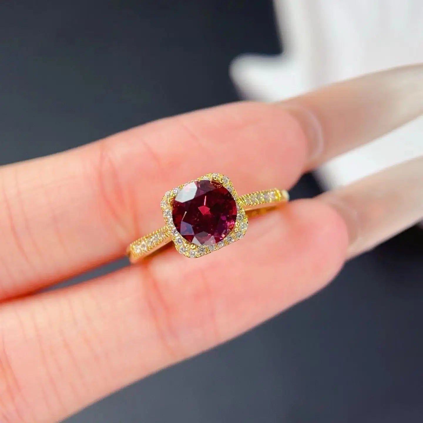 Real Natural Pyrope Garnet Ring with Free Jewelry Certificate 7mm 1ct Garnet 925 Silver Ring with 3 Layers 18K Gold Plating