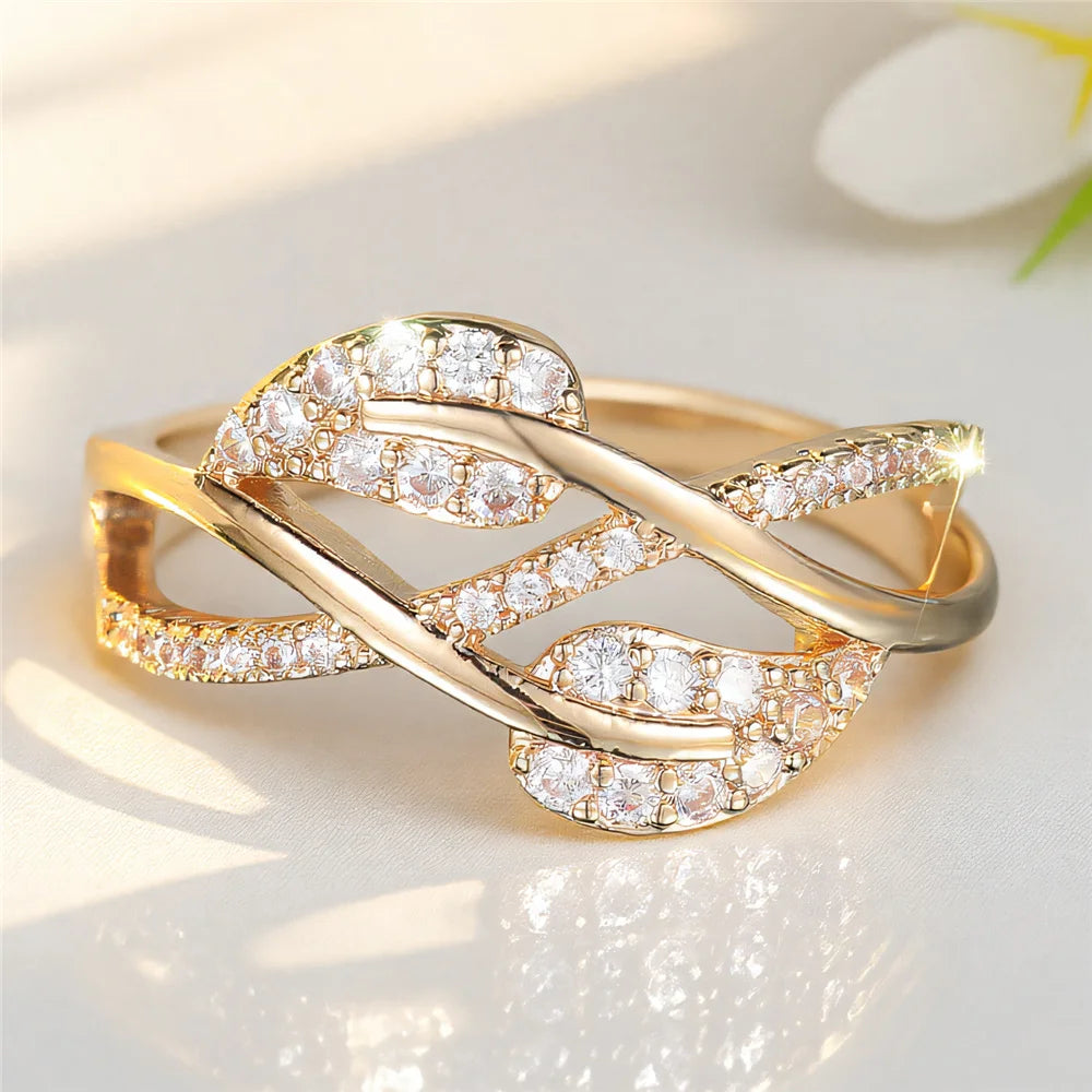 Cute Female White Zircon Stone Tree Leaf Ring Gold Color Engagement Charm Wedding Jewelry For Women