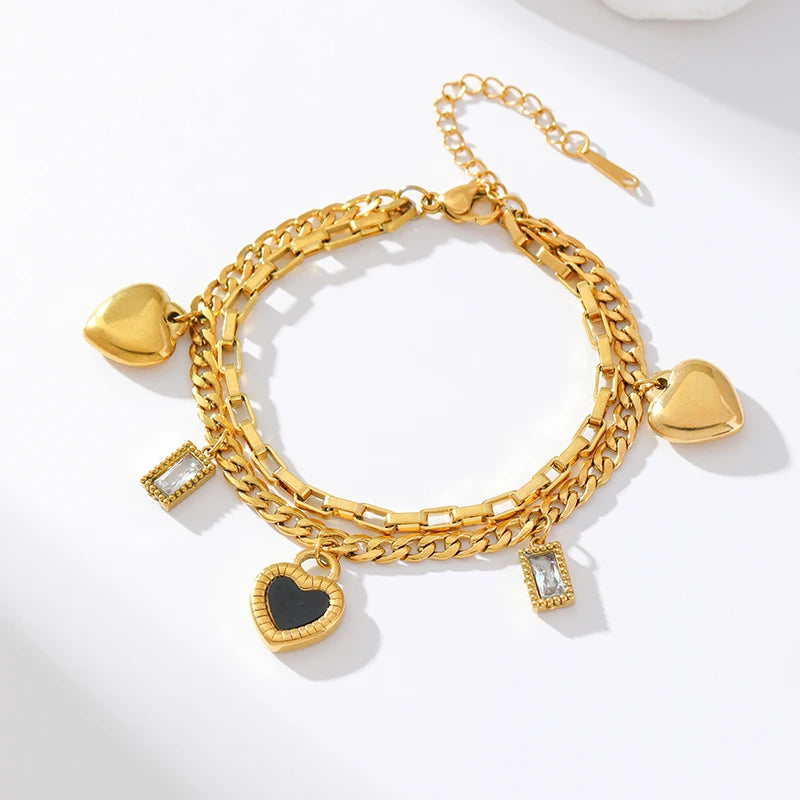 EILIECK Stainless Steel Reversible Heart Charm Bracelet For Women Trendy 18K Gold Plated Waterproof Wrist Chain Jewelry Gift