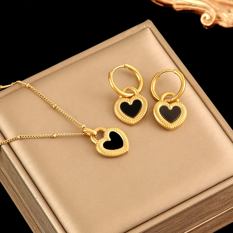 EILIECK 316L Stainless Steel Black White Double Heart Necklace Earrings Fashion Exquisite Waterproof Jewelry Set For Women Gift
