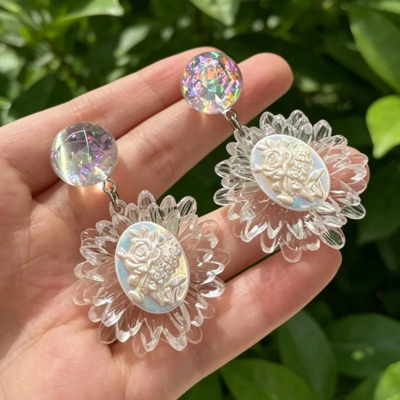 Transparent Flowers Women Earrings Sweet Light Luxury Fashion Jewelry Elegant Vintage Palace Style Pendientes Mujer