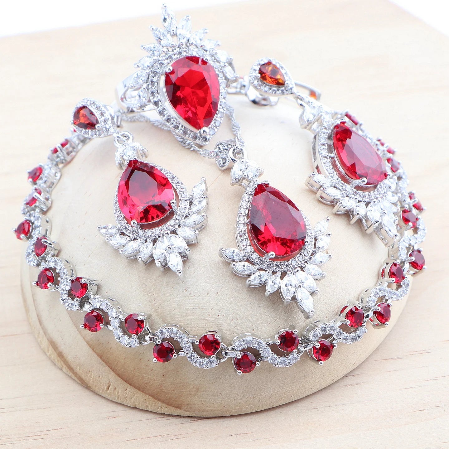 925 Silver Red Zircon Bridal Jewelry Sets Wedding Stones Bracelets Earrings Rings Pendant Necklace Set For Women