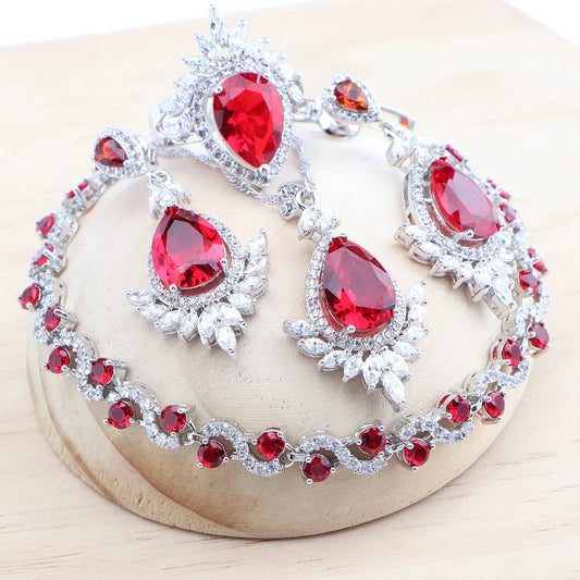 925 Silver Red Zircon Bridal Jewelry Sets Wedding Stones Bracelets Earrings Rings Pendant Necklace Set For Women