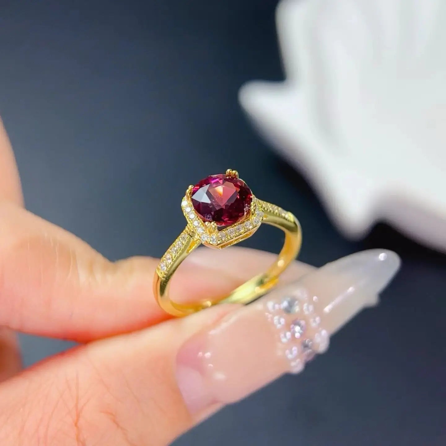 Real Natural Pyrope Garnet Ring with Free Jewelry Certificate 7mm 1ct Garnet 925 Silver Ring with 3 Layers 18K Gold Plating