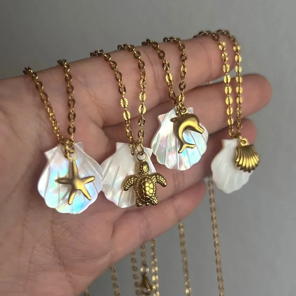 Boho Big White Shell Pendant Neckalce Gold Color Conch Sea Turtle Star Stainless Steel Choker Waterproof Beach Summer Jewelry