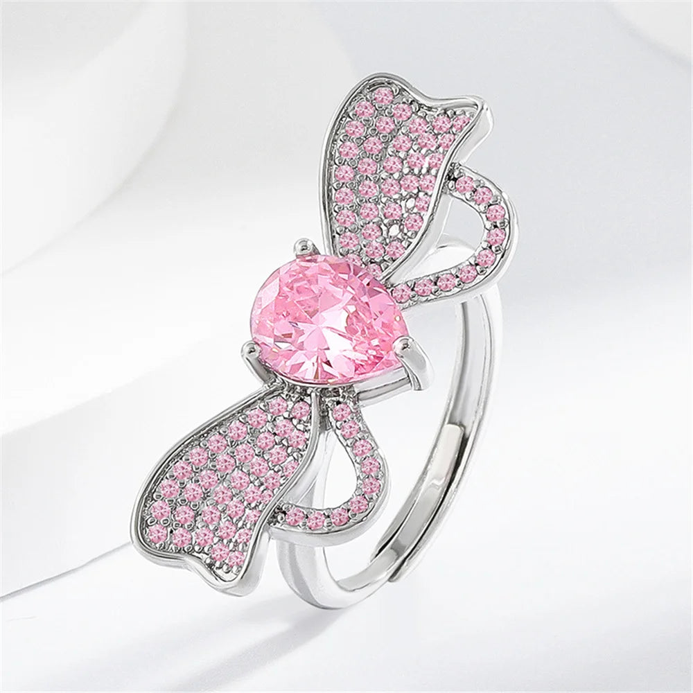 Cute Female Pink Zircon Stone Silver Color Butterfly Wedding Rings Promise Open Adjustable Engagement Jewelry For Women