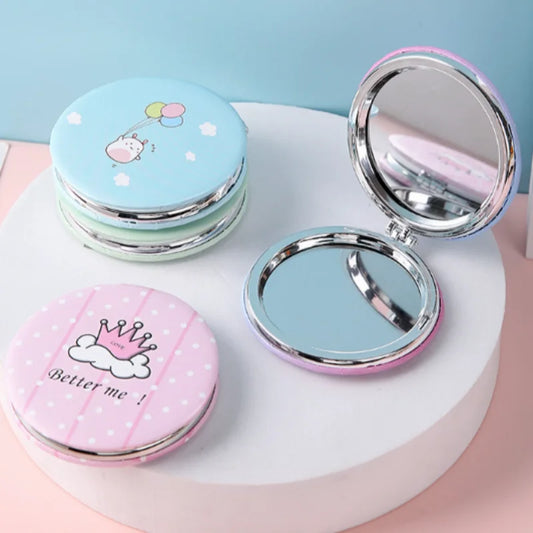 Cute Round Cartoon Mirror, Flip-Design Compact Mirror for Purse Travel Makeup, Portable Folding Handheld Mirror