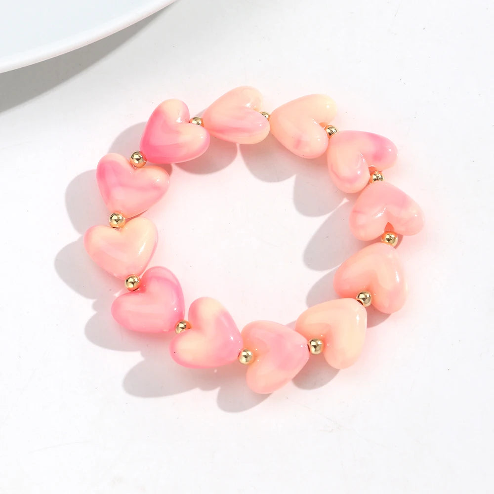 Cute Acrylic Colorful Geometric Heart Beads Elastic Bracelets New Love Heart Beaded Stackable Bangle Bracelet Women Jewelry Gift