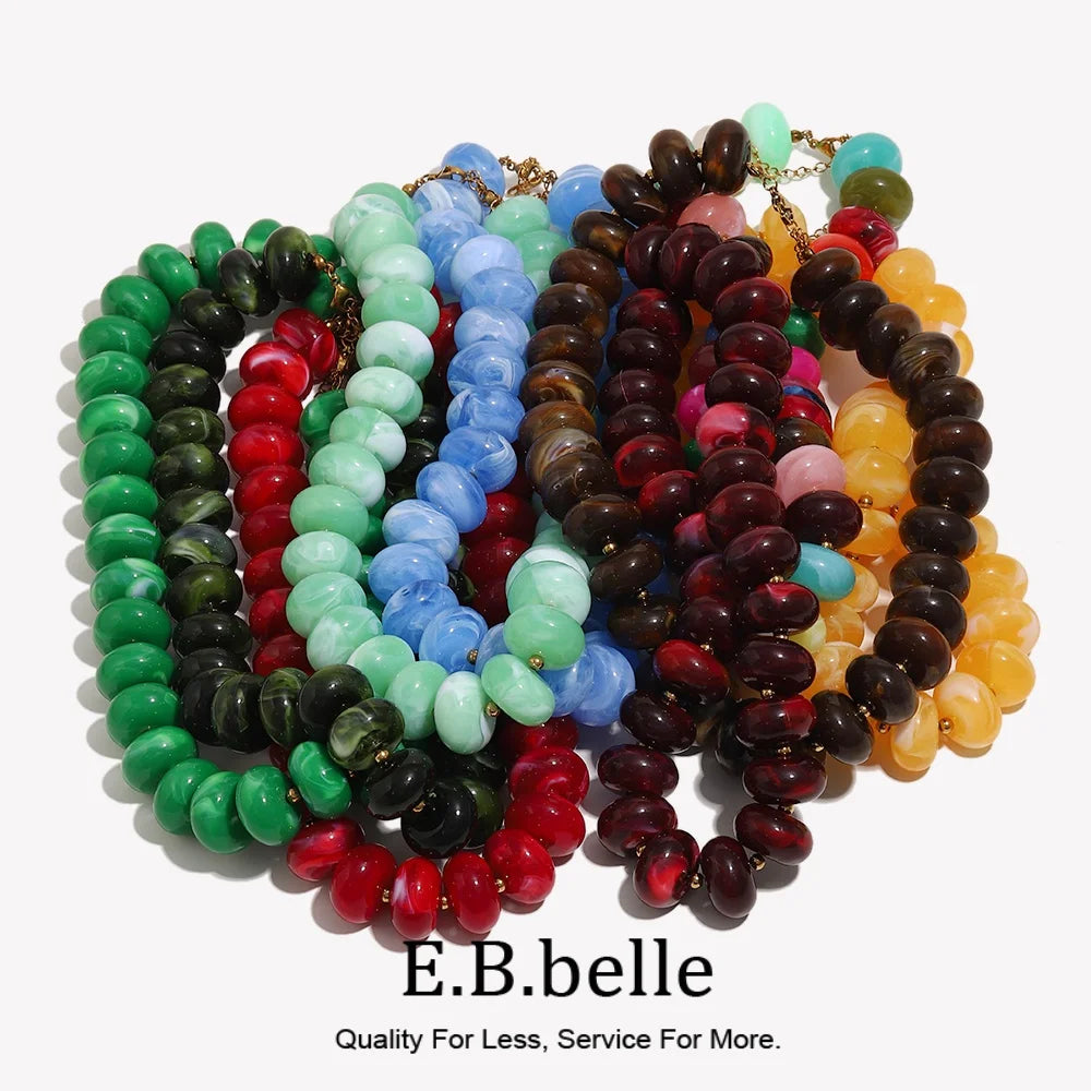 E.B.belle Colorful Bohemian Flat Disc Bead Necklace Stainless Steel 18K Gold Plated Bead Choker Summer Beach Women Jewelry Gift