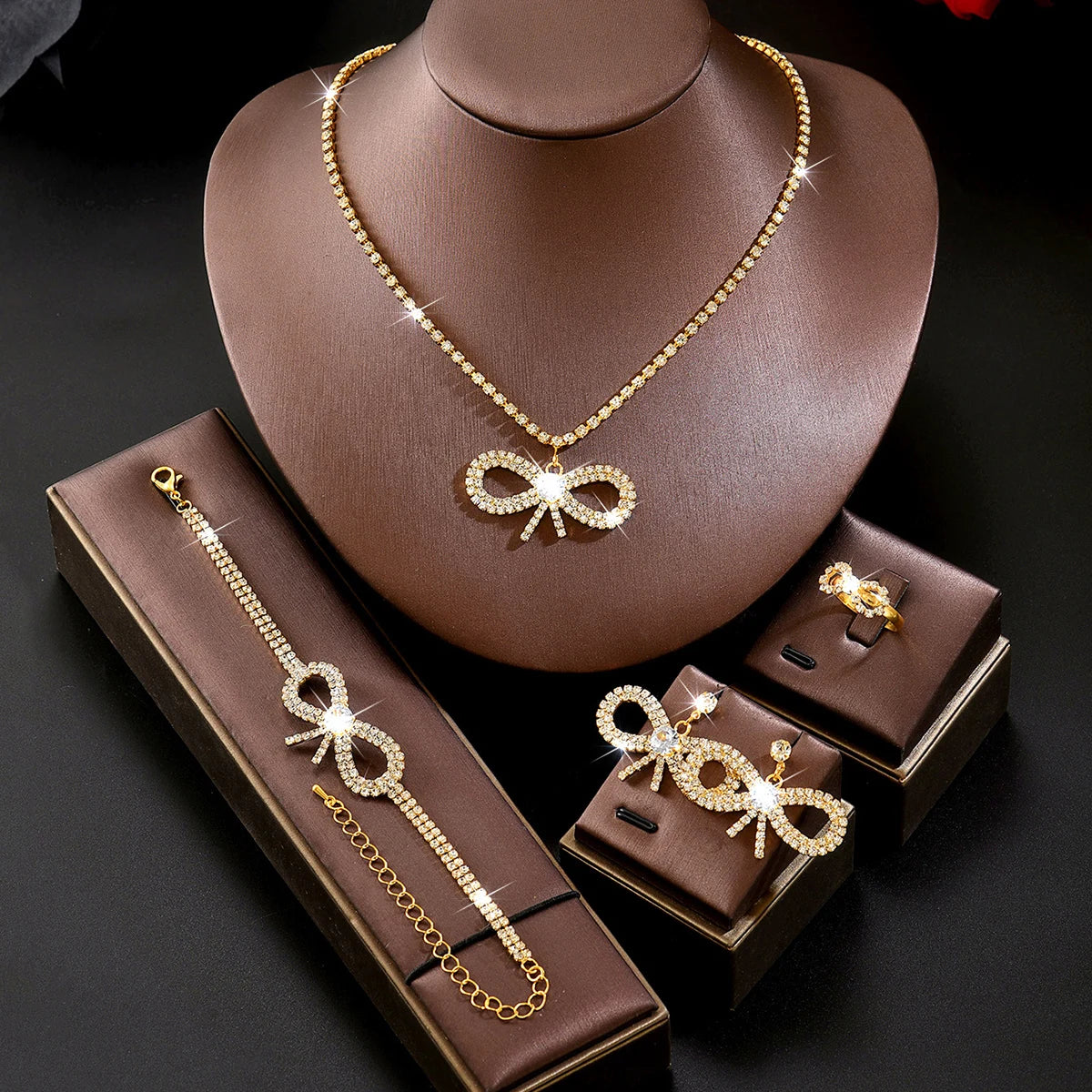 Girl style crystal bow complete set of jewelry, necklace, earrings, bracelet, ring, women's date, dinner dress accessories