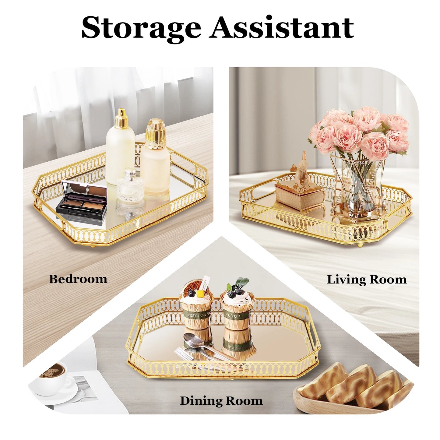 Gold Electroplated Iron Glass Serving Tray Rectangular Cut-out Handles Raised Edge Spherical Feet Decorative Vanity Tray