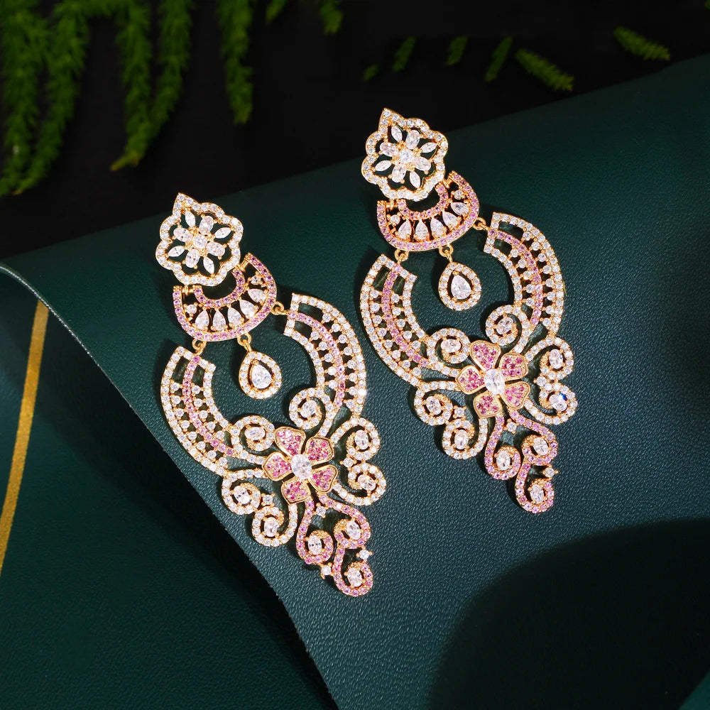 ThreeGraces Vintage Pink Zirconia Luxury Long Big Dangle Earrings for Women Delicate Wedding Evening Party Jewelry E1764