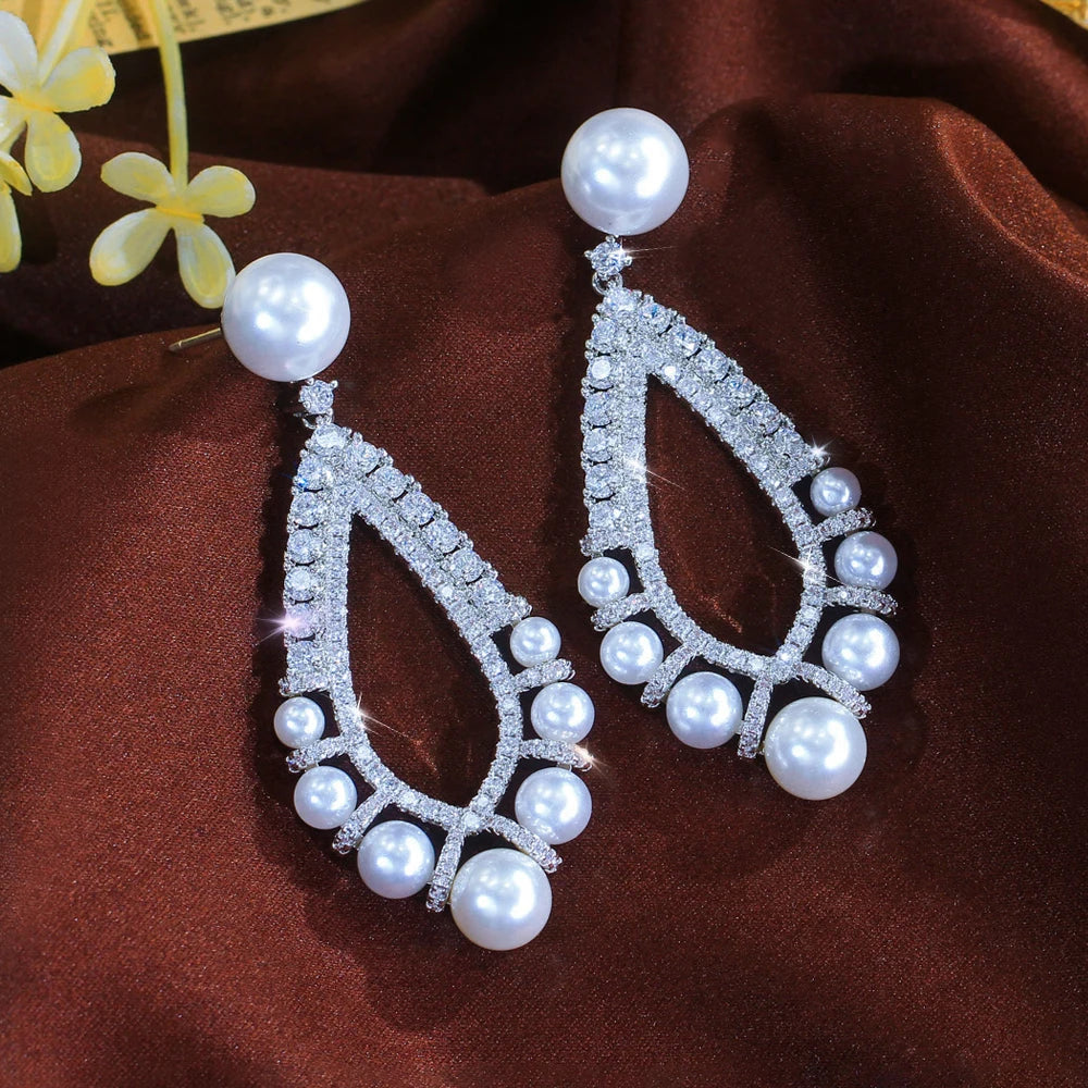 ThreeGraces Brilliant Cubic Zirconia Long Dangle Simulated Pearl Earrings for Women Luxury Bridal Wedding Party Jewelry E1376
