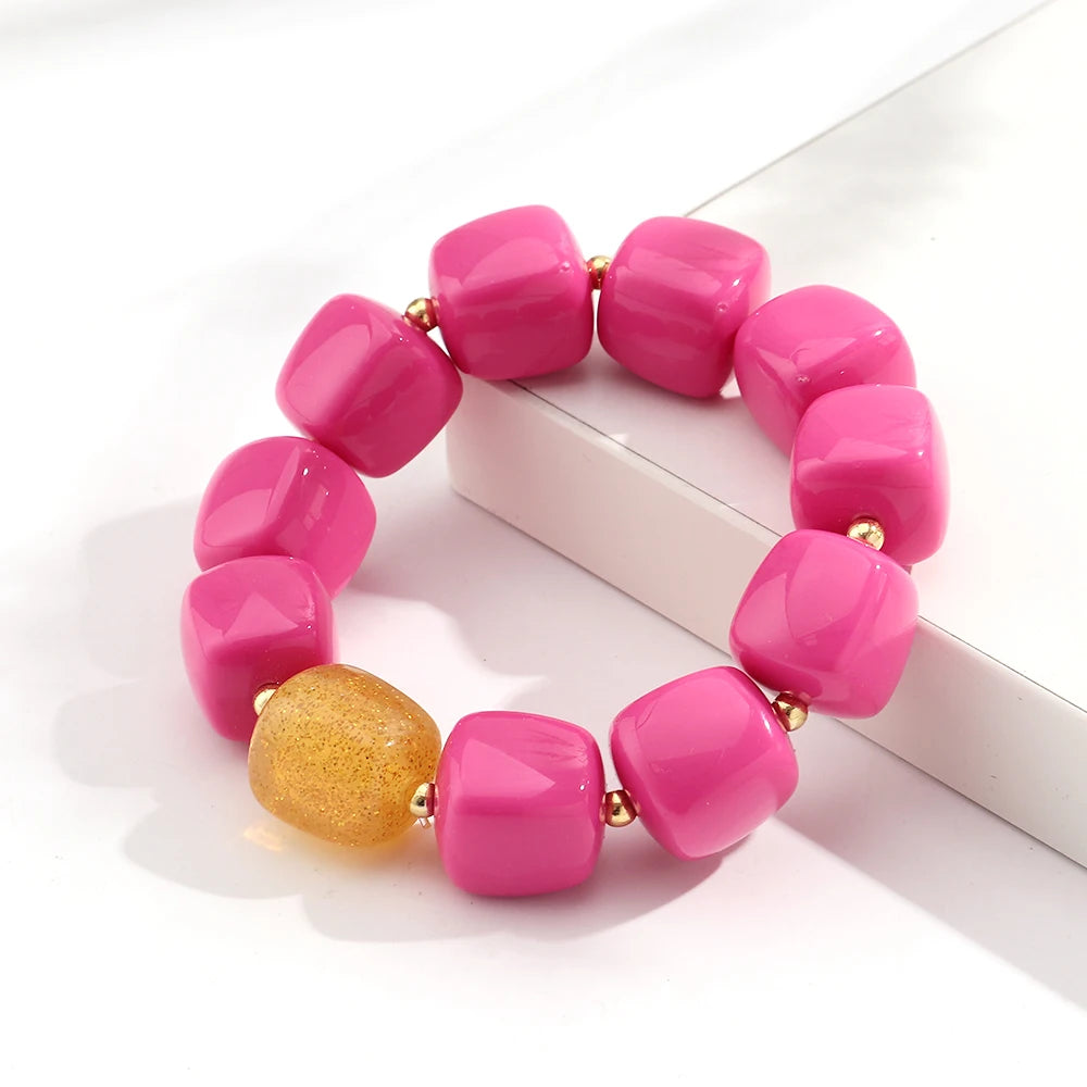 New Pink Square Breaded Elastic Bracelets for Women Resin Geometric Beads Stretch Cuff Bangle Bracelets Fashion Jewelry