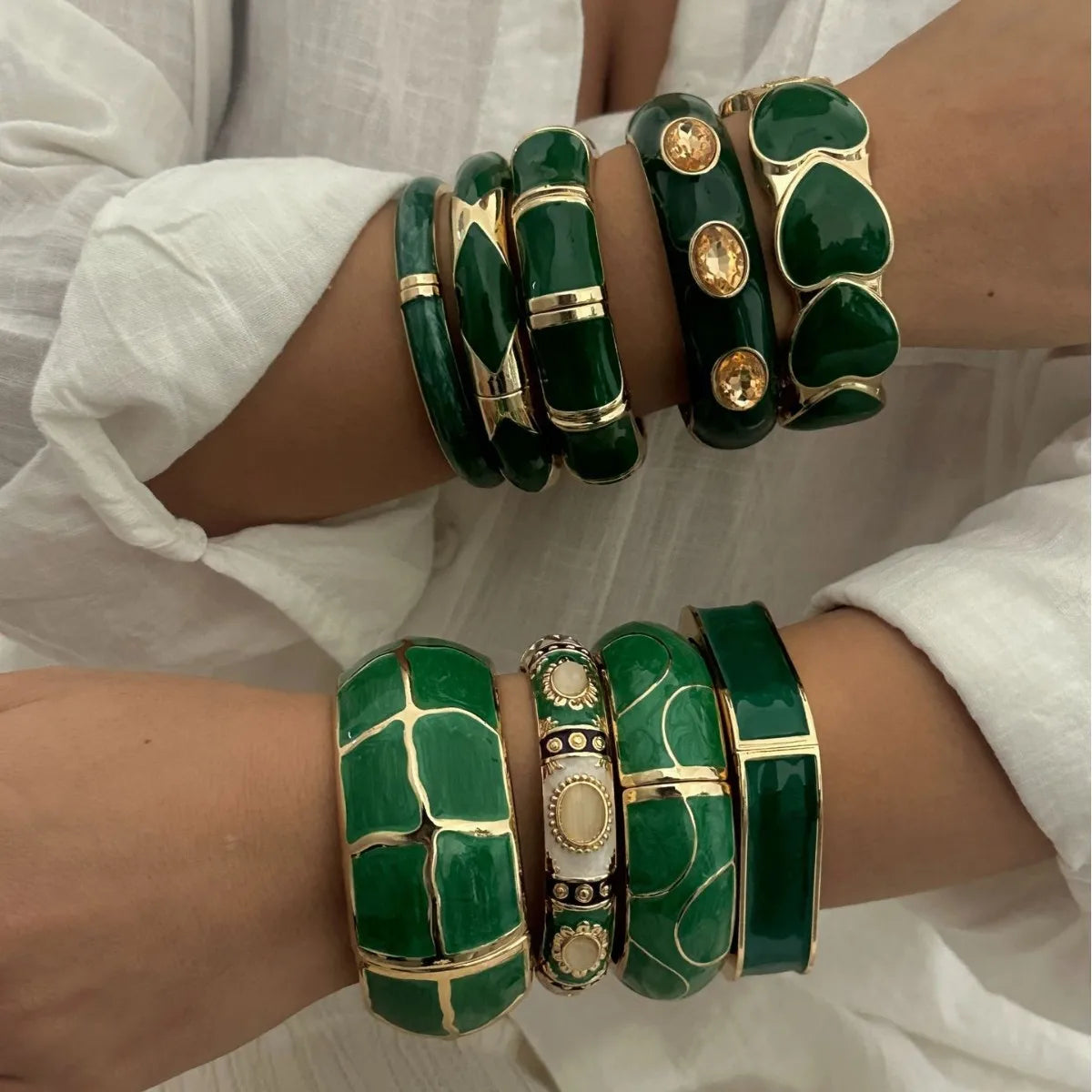 KMVEXO Vintage Exaggerated Green Drip Oil Irregular Grid Water Rhinestone Geometric Wide Bangle Chunky Cuff Bracelet Jewelry