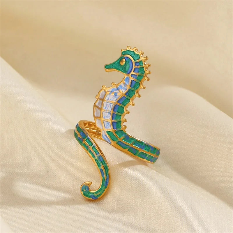 EILIECK 316L Stainless Steel Enamel Seahorse Open Adjustable Ring for Women Water Resistant Fashion Chic Ring Jewelry Bijoux