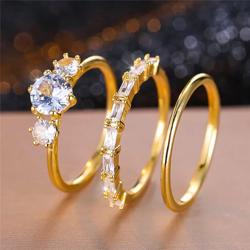 Female White Round Zircon Stone Ring Set Trendy Yellow Gold Color Engagement Cute Bride Wedding Jewelry Gift For Women