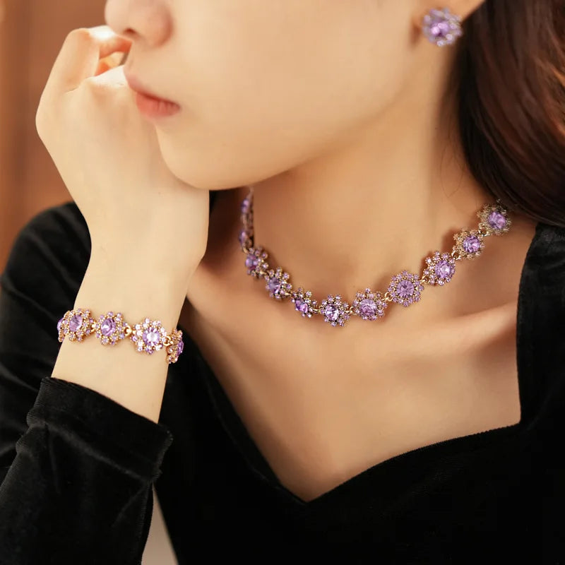 Vintage Amethyst Round Flower Cluster Necklace Bracelet Earring Jewelry Set Antique Silver Luxury Women Bridal Wedding Jewelry N