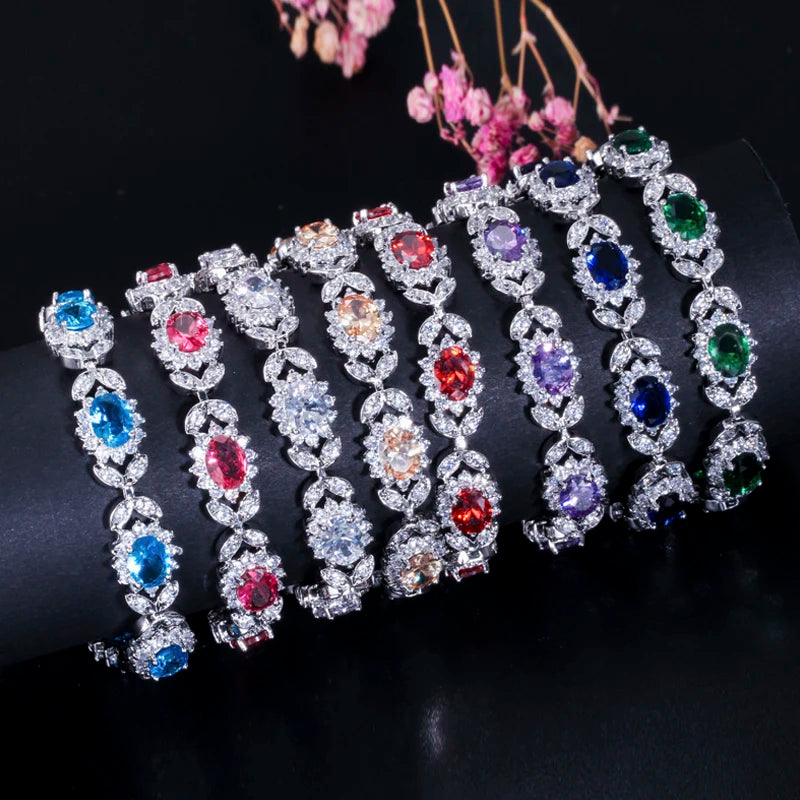 ThreeGraces Delicate Royal Blue Cubic Zirconia Flower Shape Tennis Bracelet for Women Wedding Engagement Costume Jewelry BR196