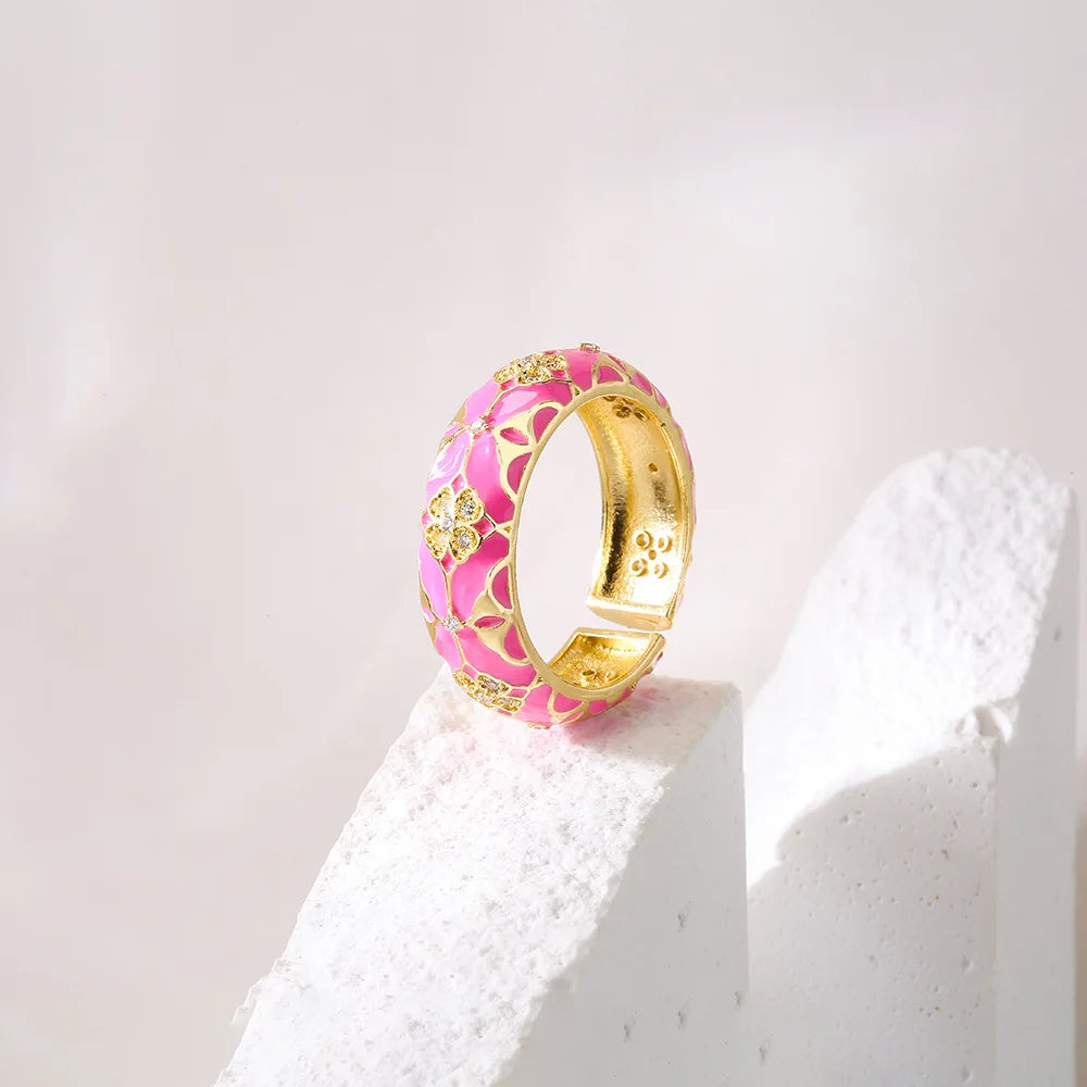 2025 Stylish new copper-plated 18K gold zircon dripping oil bohemian vintage geometric open ring gift