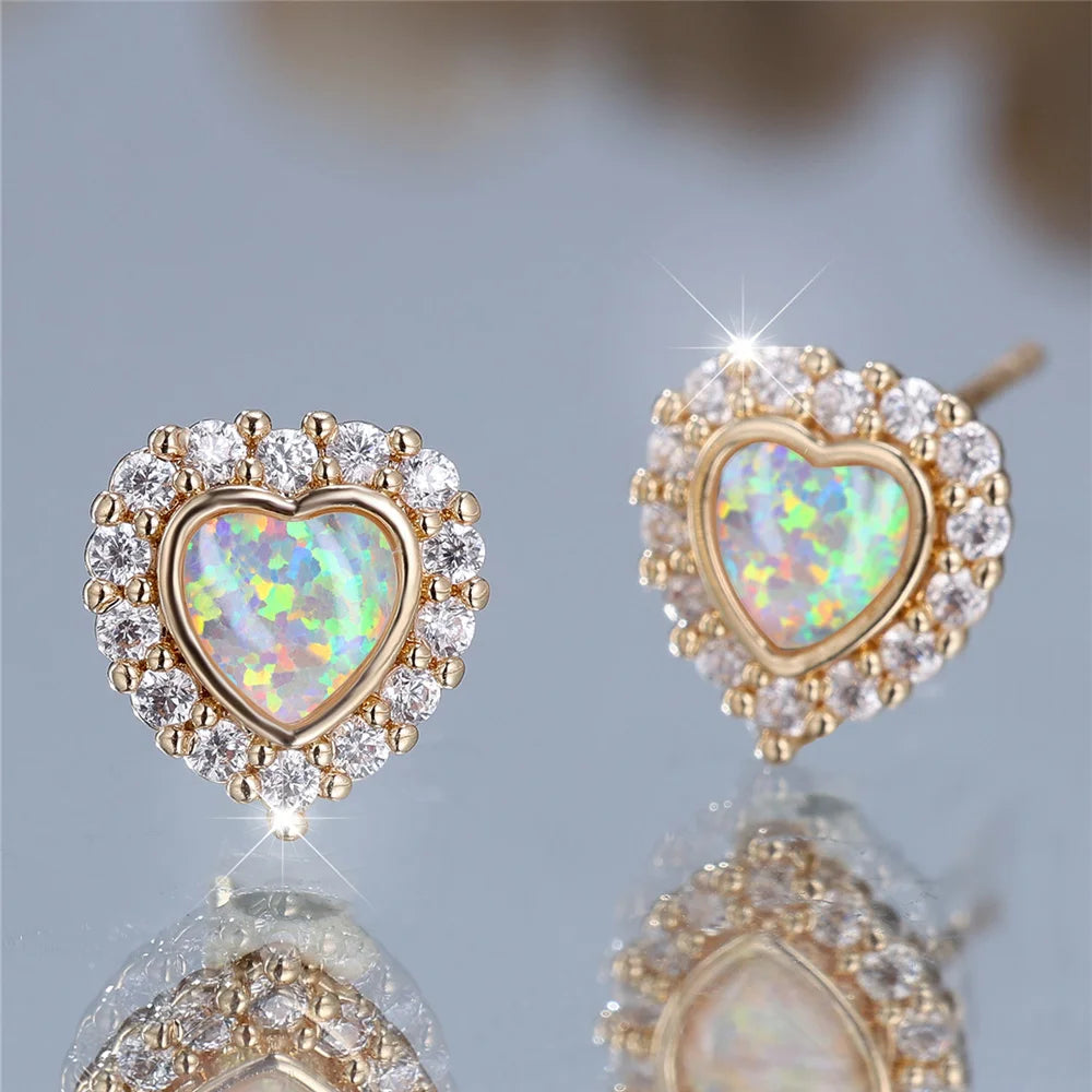 Cute Female White Fire Opal Stone Heart Stud Earrings Gold Color White Zircon Wedding Jewelry For Women