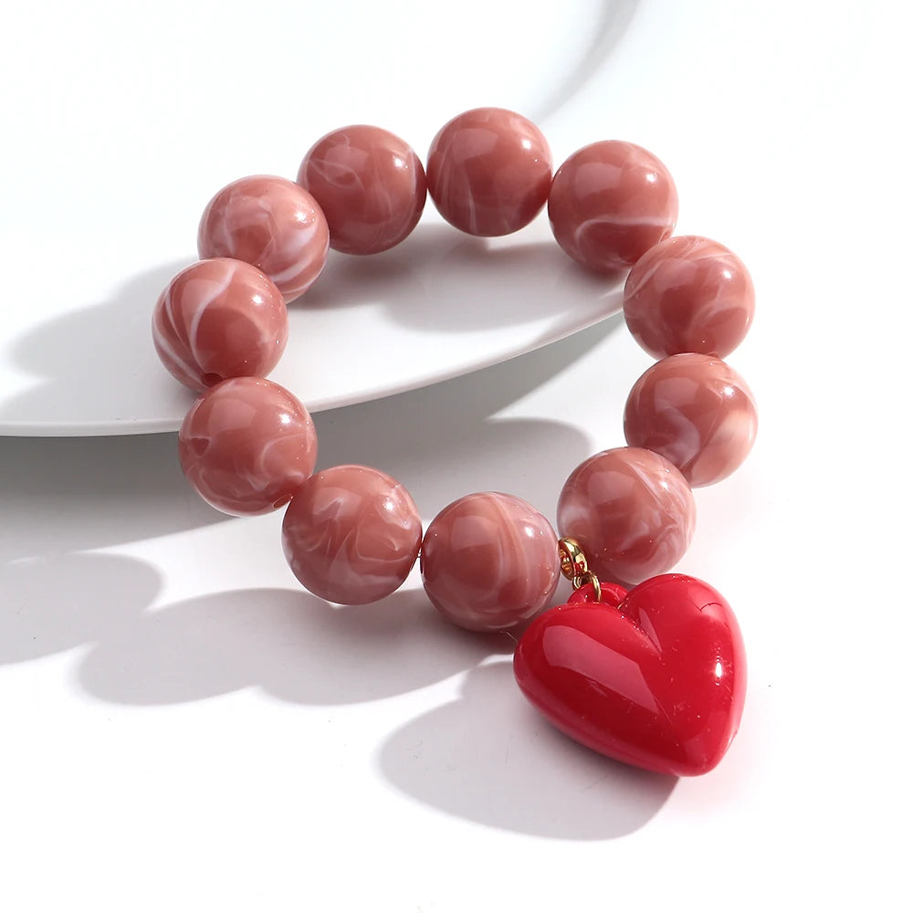 Boho Colorful Round Beads Heart Pendant Elastic Bracelets Fashion Geometric Beaded Bangle Bracelet Women Jewelry Gifts