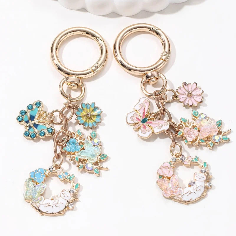 Pretty Cat Butterfly Flowers Enamel Keychain Cute Animals Plants Key Ring For Women Girls Handmade Friendship Gift Diy Jewelry