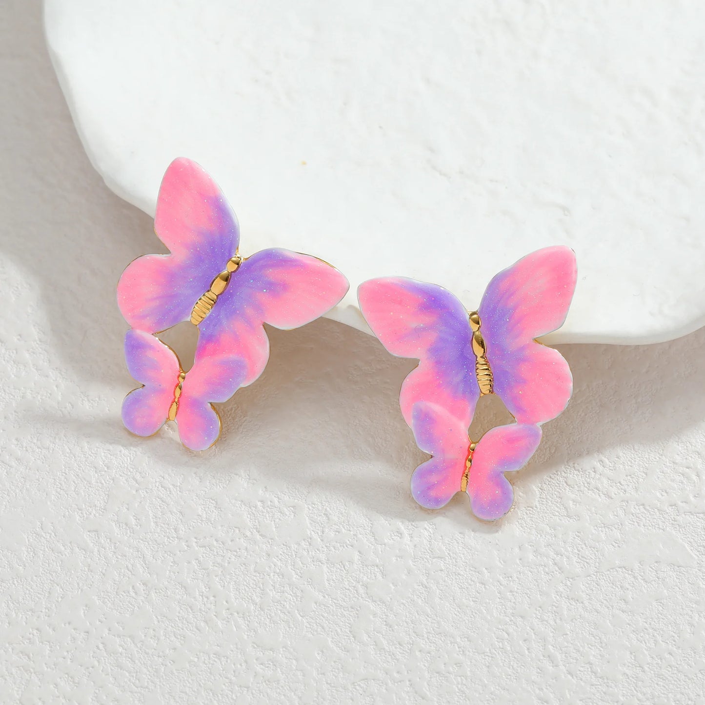 Freeteeme Stylish Dripping Oil Gradient Butterfly Necklace Ring Earrings Jewelry Set for Women Mom Gold Plated Birthday Gifts