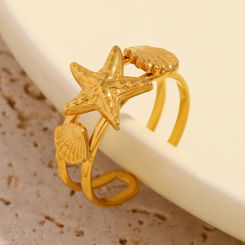 E.B.belle Ocean Style Double Layer Starfish Shell Opening Ring For Women Stainless Steel Gold Plated Vacation Chic Jewelry