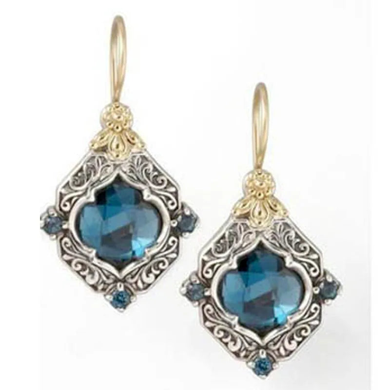 Vintage Square Blue Stone Boho Earrings for Women Ancient Ethnic Tone Engraving Flower Pattern Crystal Dangle Earrings Jewelry