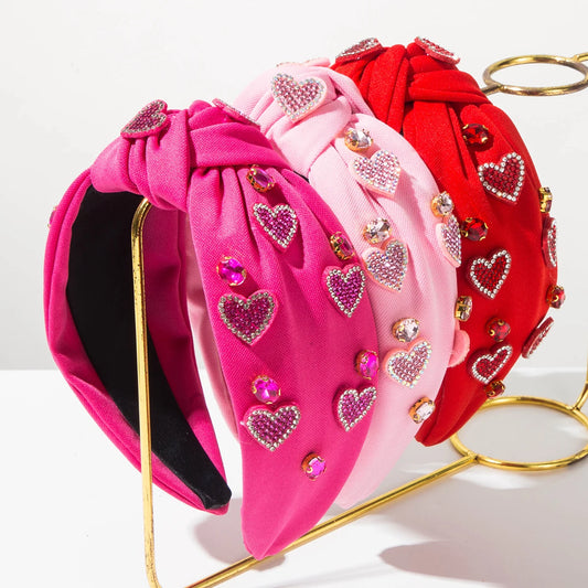 New Valentine's Day Headband With Knotted Heart And Diamond Studded Wide Edge, Sweet Holiday Hair Accessory