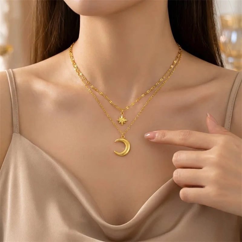EILIECK Women's Retro Star Moon Pendant Necklace 18K Gold PVD Plated Stainless Steel Waterproof Layered Neck Chain Daily Jewelry