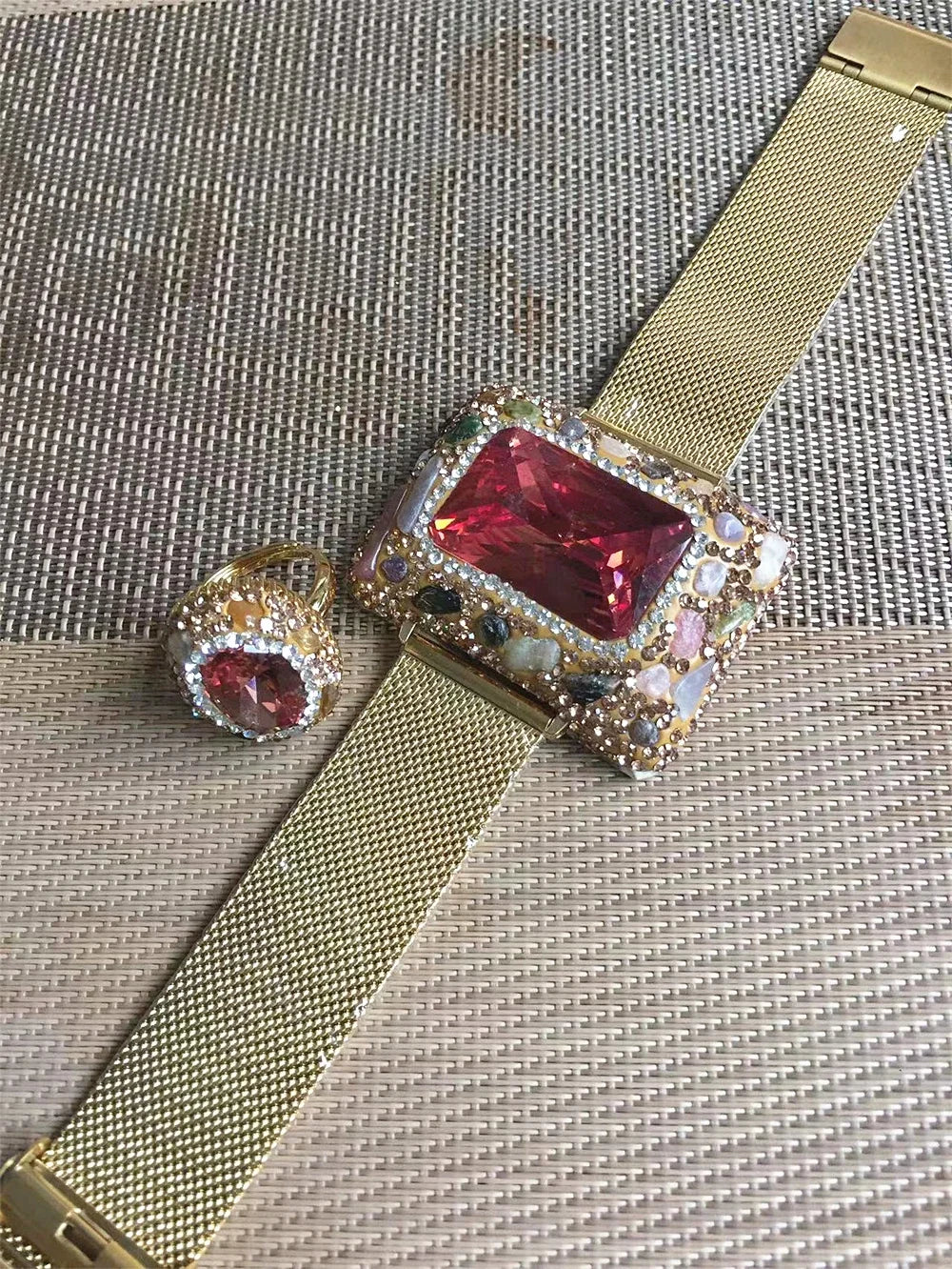 Color Changing Sultanite Crystal Bangle Rings Sets for Women Stainless Steel Watch Belt Chain Bracelet Zultanite Quartz Jewelry