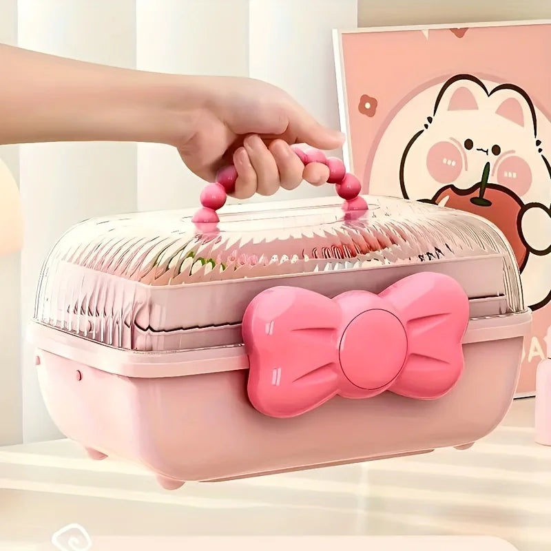 1pc Cute Cartoon Style Storage Box, Hairpin Headwear Cosmetics Storage Box, Large Capacity Transparent Lid Jewelry Box, Bedroom