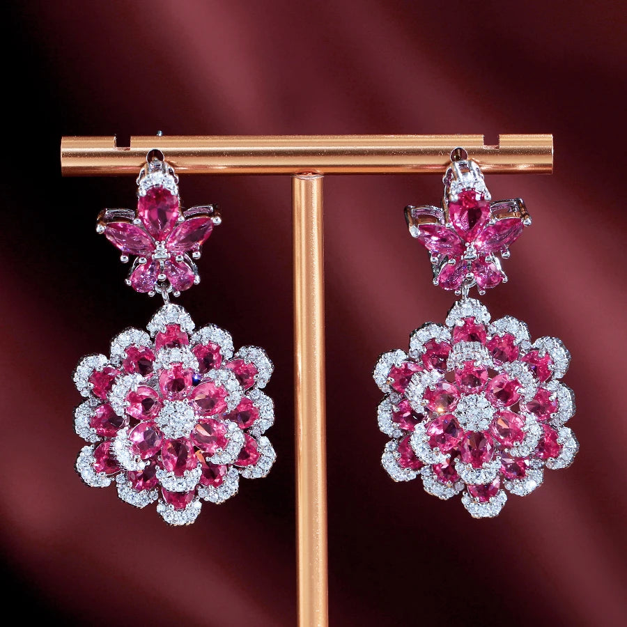 ThreeGraces Elegant Red Zirconia 3D Design Long Flower Dangle Earrings for Women Luxury Bridal Wedding Party Jewelry E1986