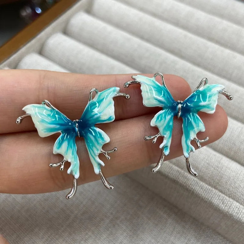 Enamel Butterfly Stud Earrings for Women Mori Girl Style Elegant Versatile Jewelry Fashion Summer Blue Pendientes Mujer