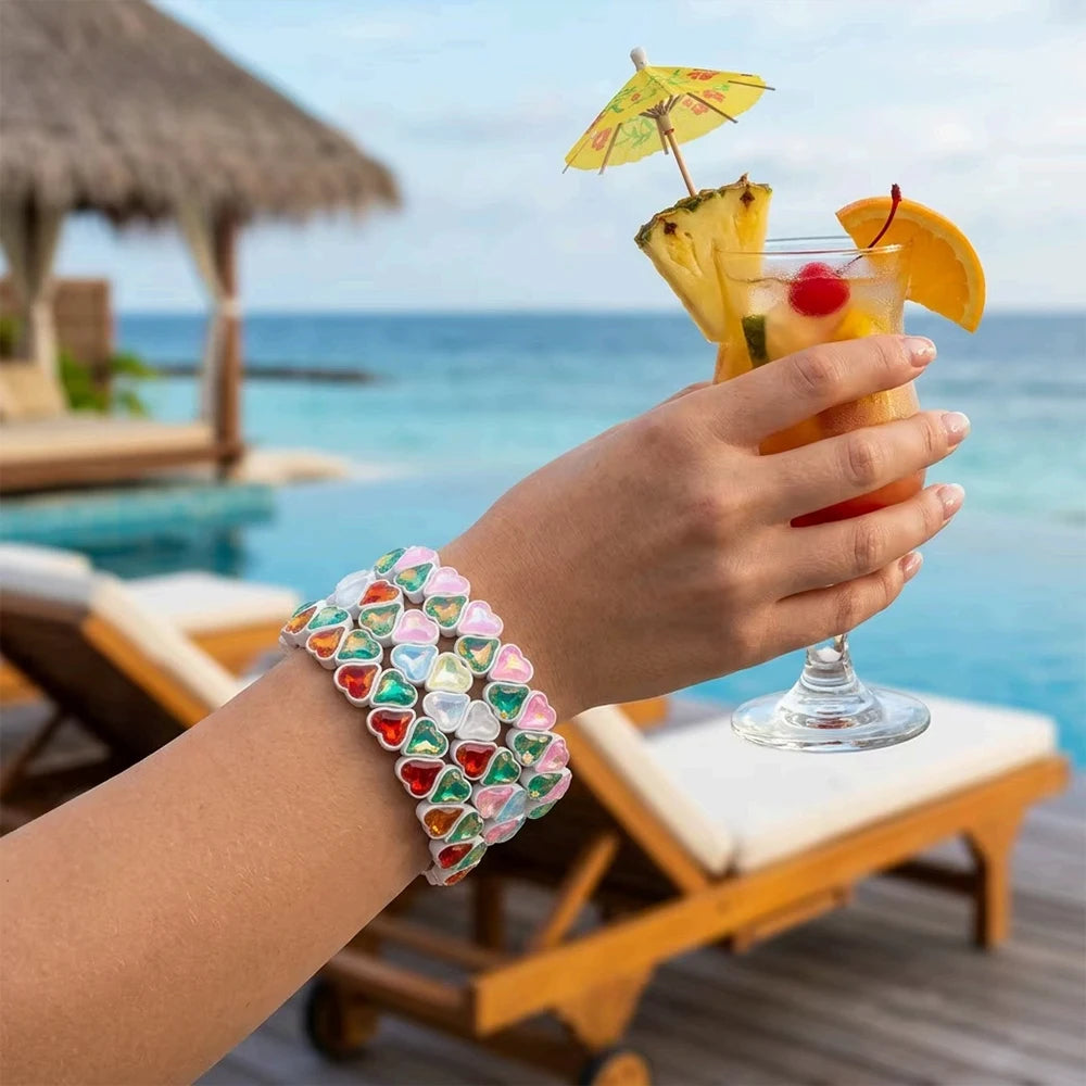 BEUTIFOR Zirconia Double Love Beads Elastic Bangles For Women and Girl Y2K Bohemian Layered Wrap Bracelets Accessory