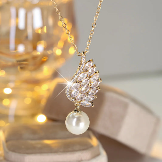 Simple Small Wing Charm Luxury Female White Pearl Zircon Stone Pendant Necklace Vintage Gold Color Wedding Jewelry For Women
