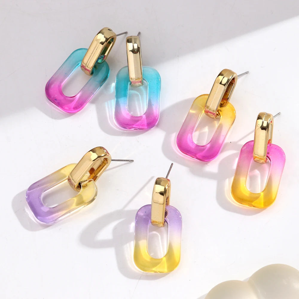 Fashion Acrylic Gradient Color Geometric Buckle Drop Earrings Transparent Iridescent Rectangle Earrings Women Wedding Jewelry