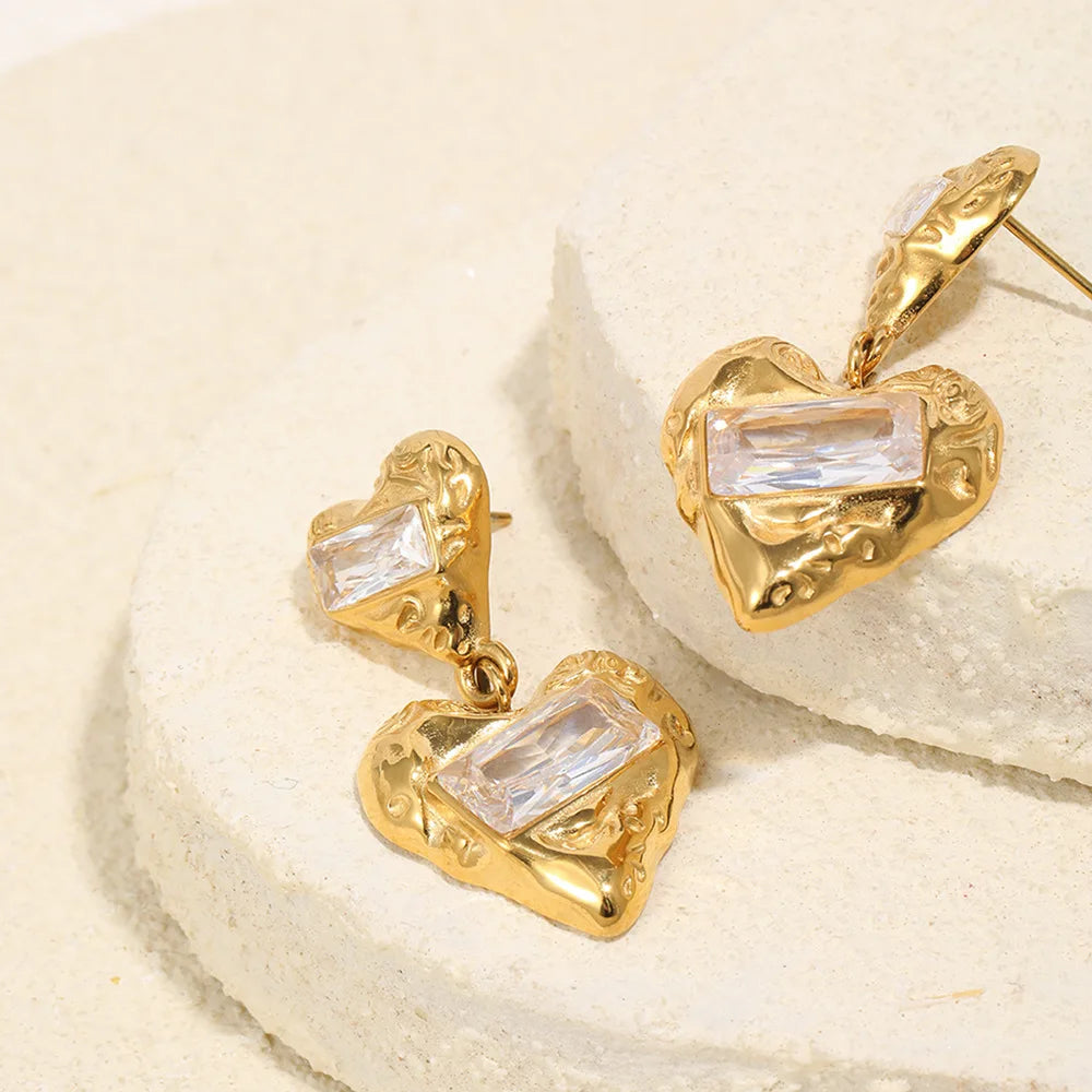 Vintage Stainless Steel Double Heart Drop Earrings for Women Luxury Square Zircon Metal Textured Dangle Earring Wedding Jewelry
