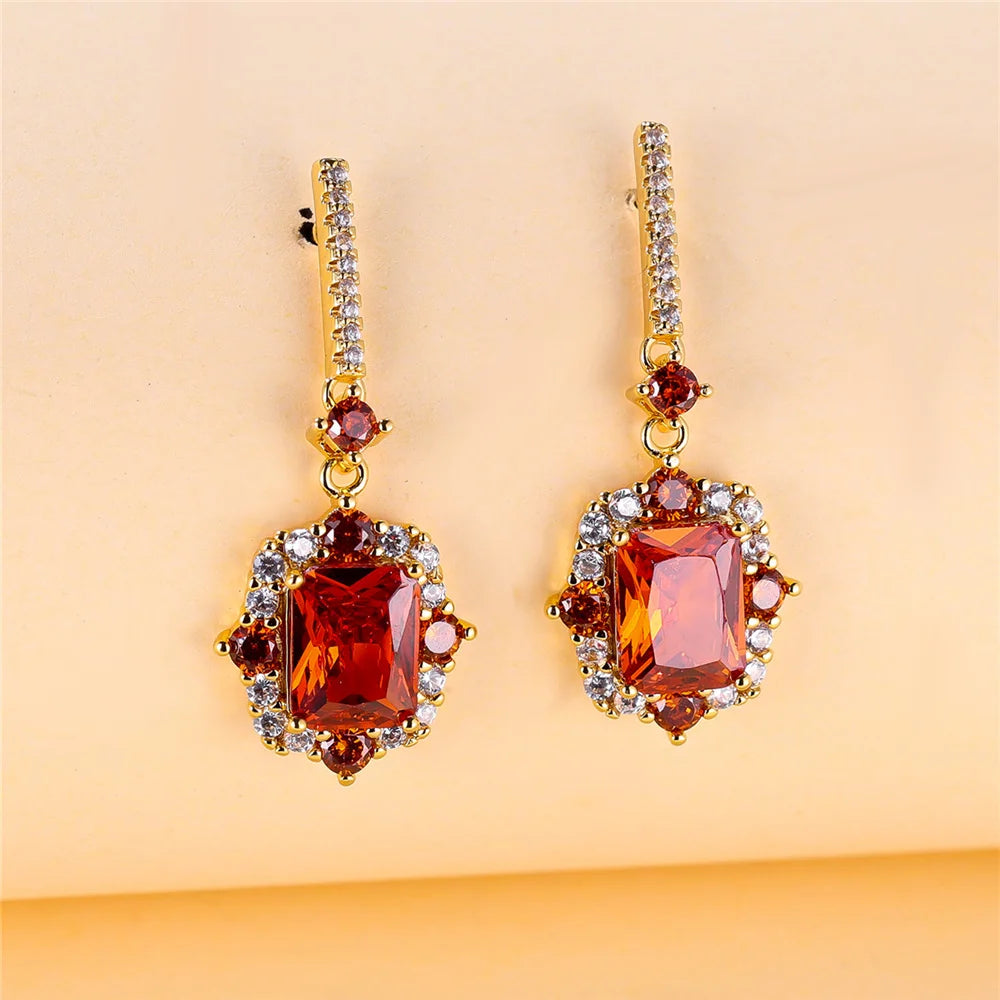 Luxury Female Purple Red Square Zircon Stone Drop Dangle Earrings Unique Gold Color Evening Jewelry For Women