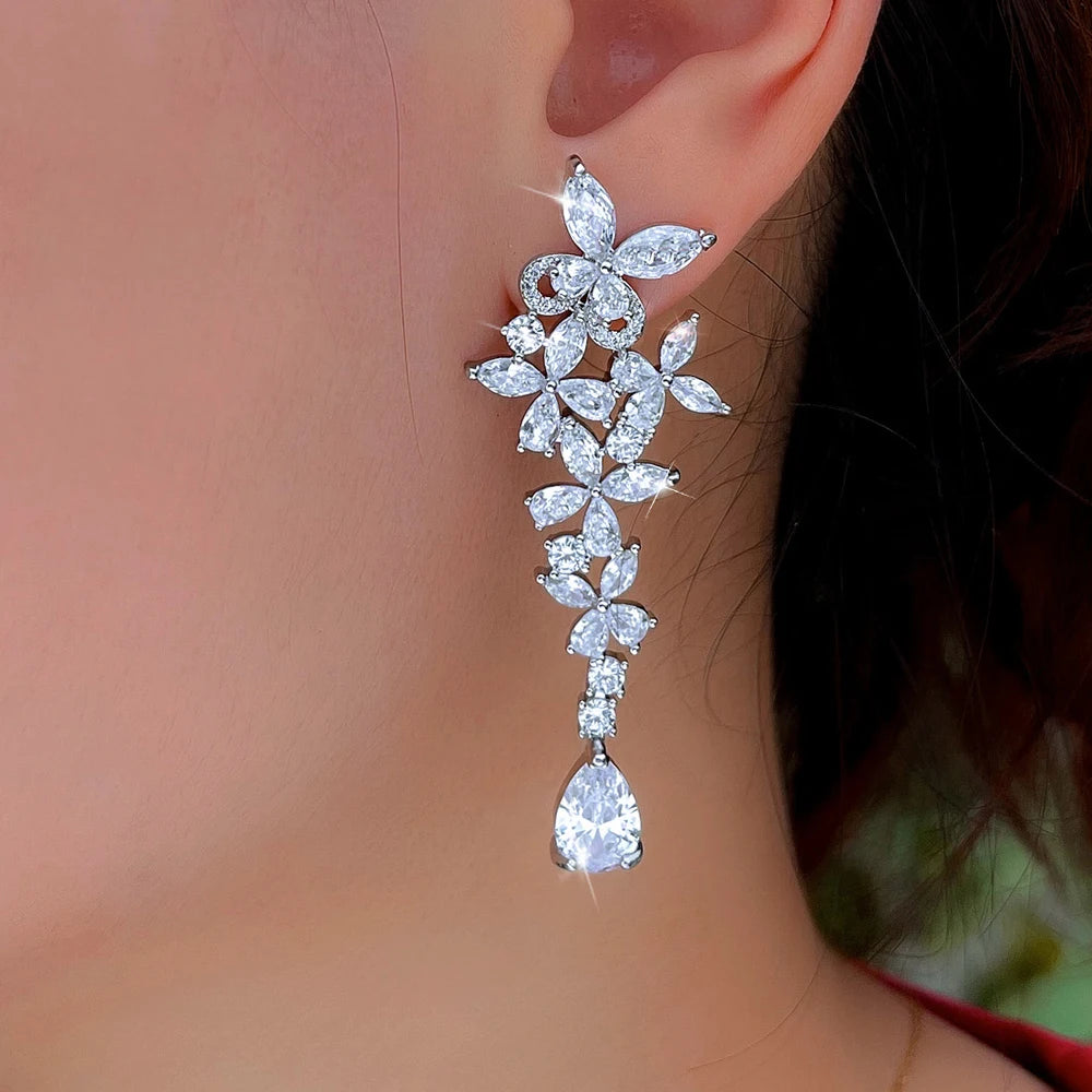 ThreeGraces 2026 New Fashion Shiny Zirconia Bridal Wedding Party Long Butterfly Flower Dangle Earrings for Women Jewelry E2128