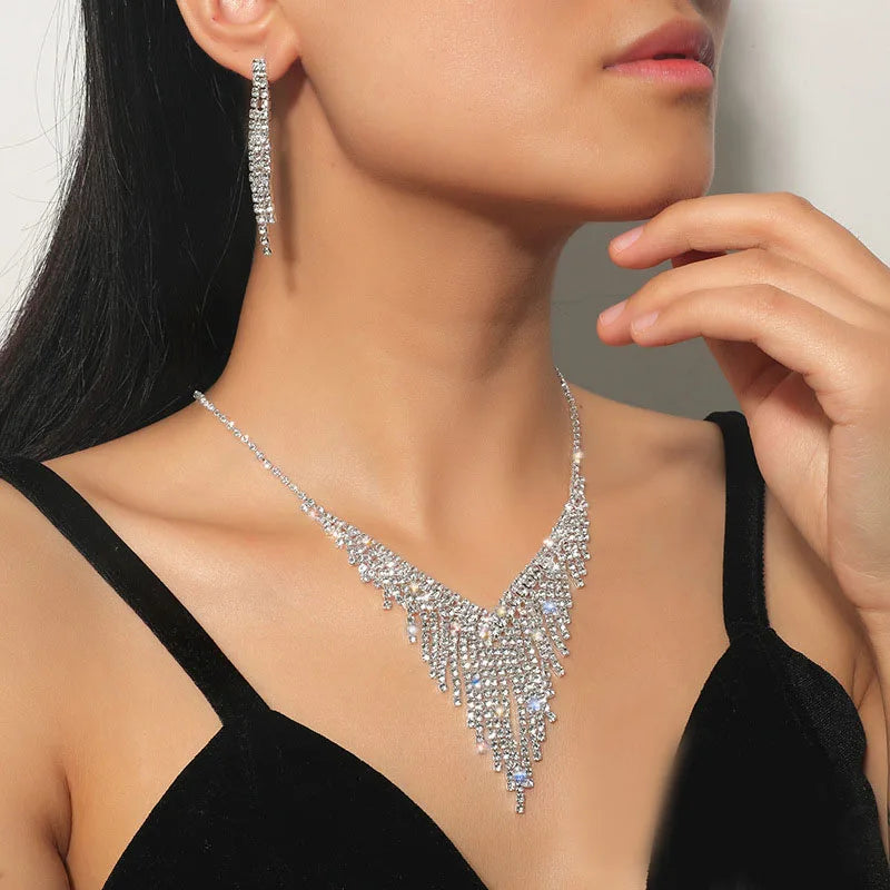 TREAZY Luxurious Rhinestone Crystal Wedding Jewelry Sets for Women Statement Choker Necklace Earrings Bridal Jewelry Accessories