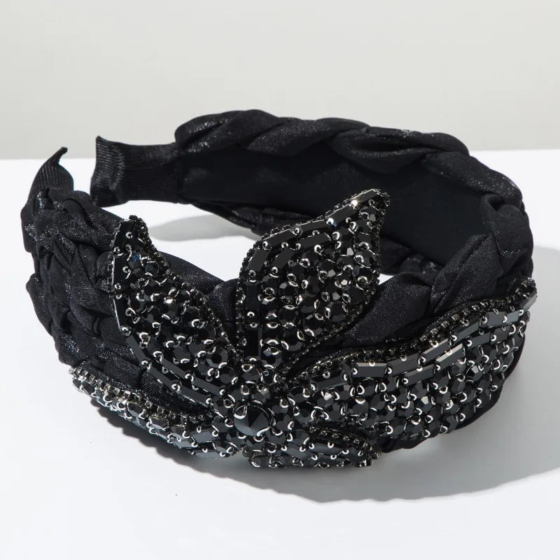 Vintage Rhinestone Sequin Velvet Wide Headband for Women Luxury Jeweled Flower Hair Hoop Elegant Bridal Hair Accessories