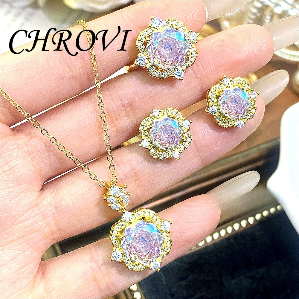 New 925 pure silver millennium rose gold necklace pendant stud earrings and colorful ring set