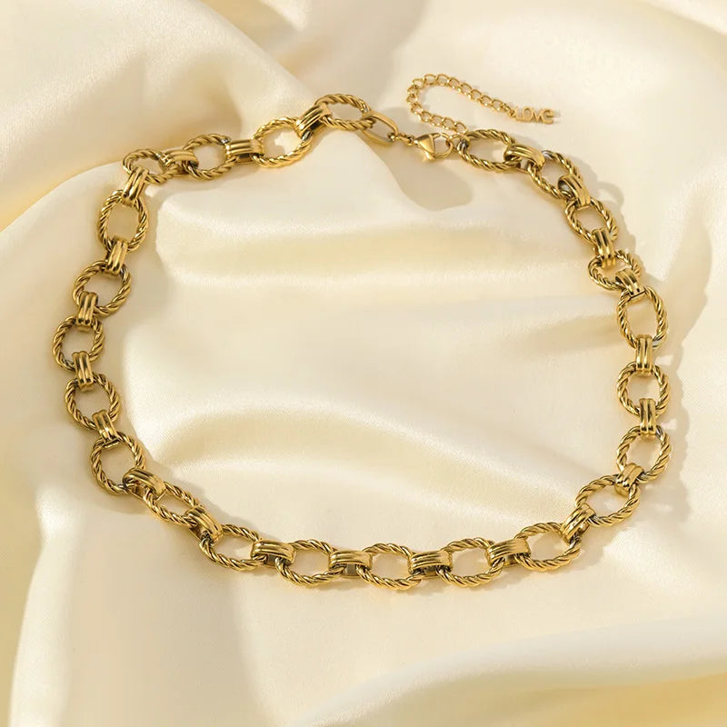 EILIECK 316L Stainless Steel Metal Gold Color Oval Link Chain Necklace Bracelet Set For Women Fashion Punk Waterproof Jewelry