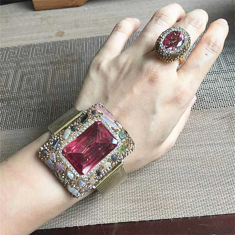 Color Changing Sultanite Crystal Bangle Rings Sets for Women Stainless Steel Watch Belt Chain Bracelet Zultanite Quartz Jewelry