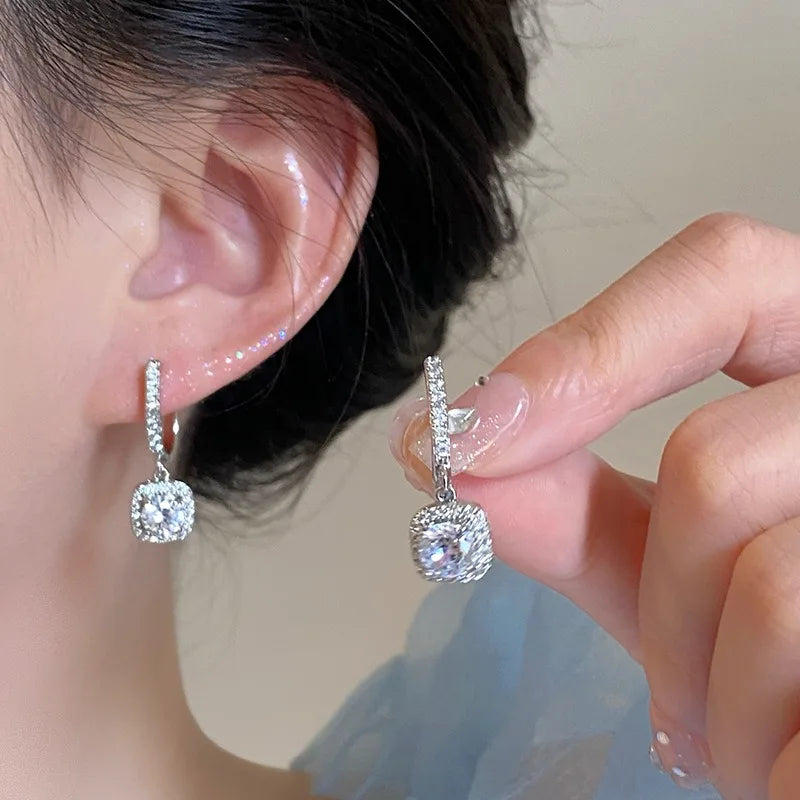 Stainless Steel Shiny Square Cubic Zirconia Huggie Hoop Earrings for Women Fashion Dangle Drop Earrings Trendy Jewelry Gifts