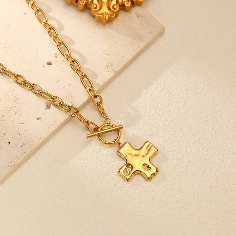 EILIECK 316L Stainless Steel Metal Cross Pendant Necklace For Women Trendy Gold Color OT Clasp Neck Chain Waterproof Jewelry